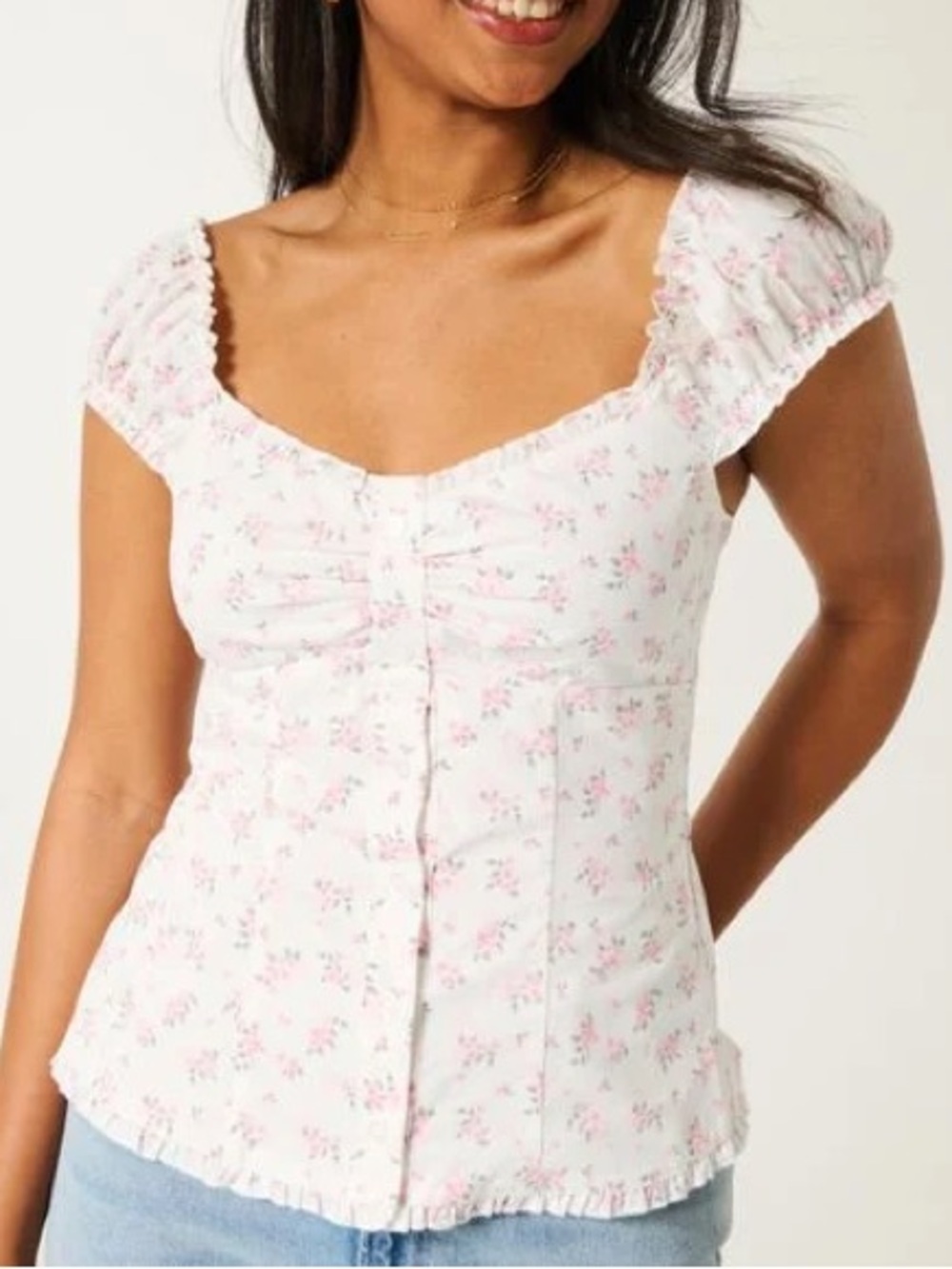 Hollister White Floral Ruffle Trim Poplin Blouse